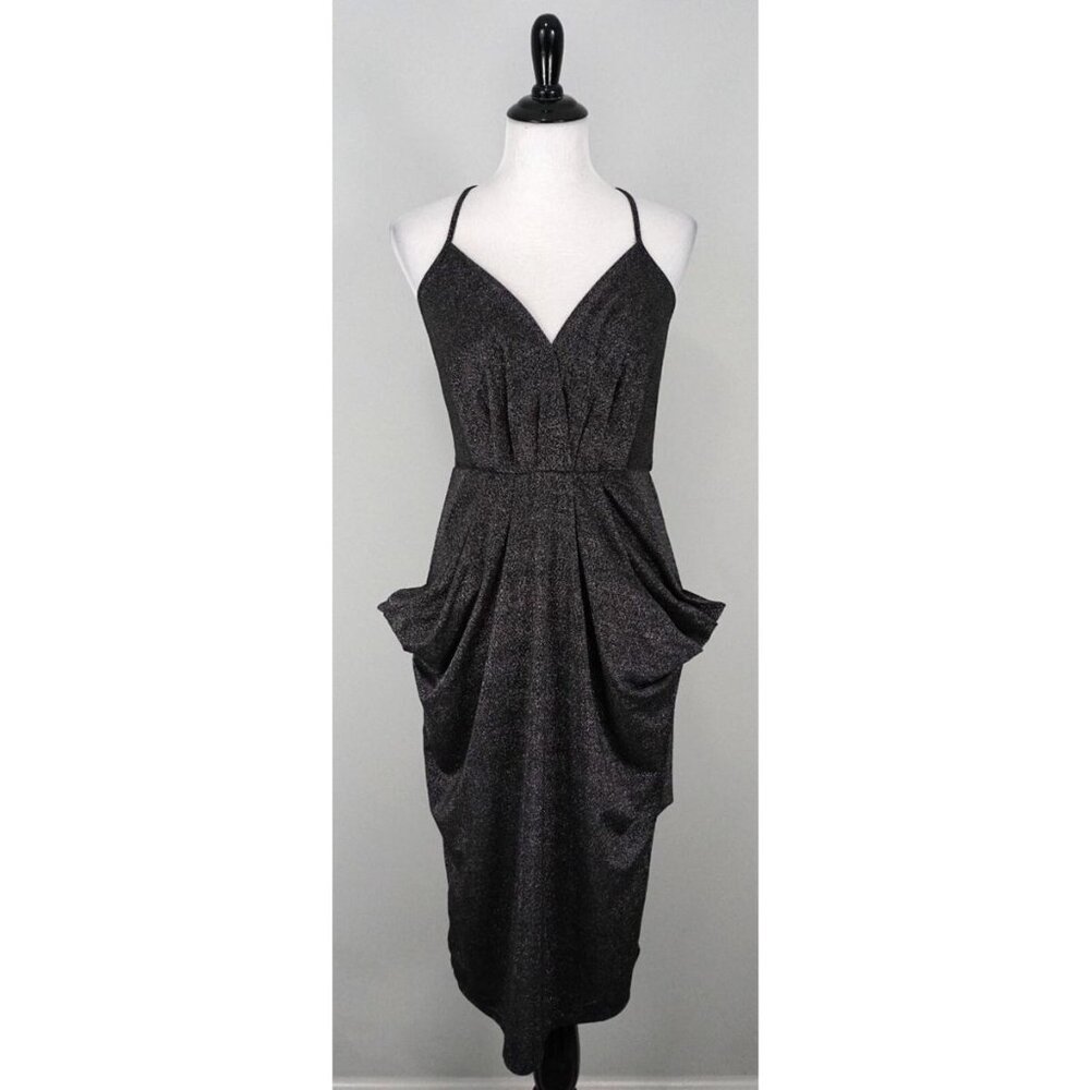 BCBGENERATION Black Silver Metallic V-Neck Formal Party Cocktail Dress Sz Small